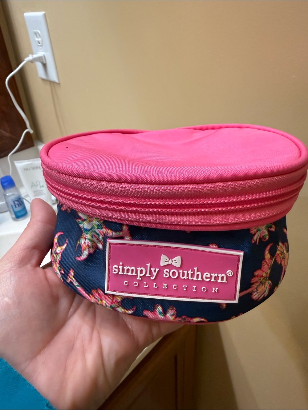 Simply Southern Navy Floral Cosmetic Pouch with Pink Trim